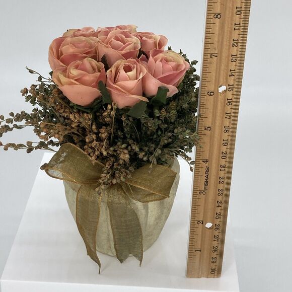 Pink Rose Arrangement Vase with Gold Ribbon Romantic Cottage Shabby Chic - Picture 8 of 9